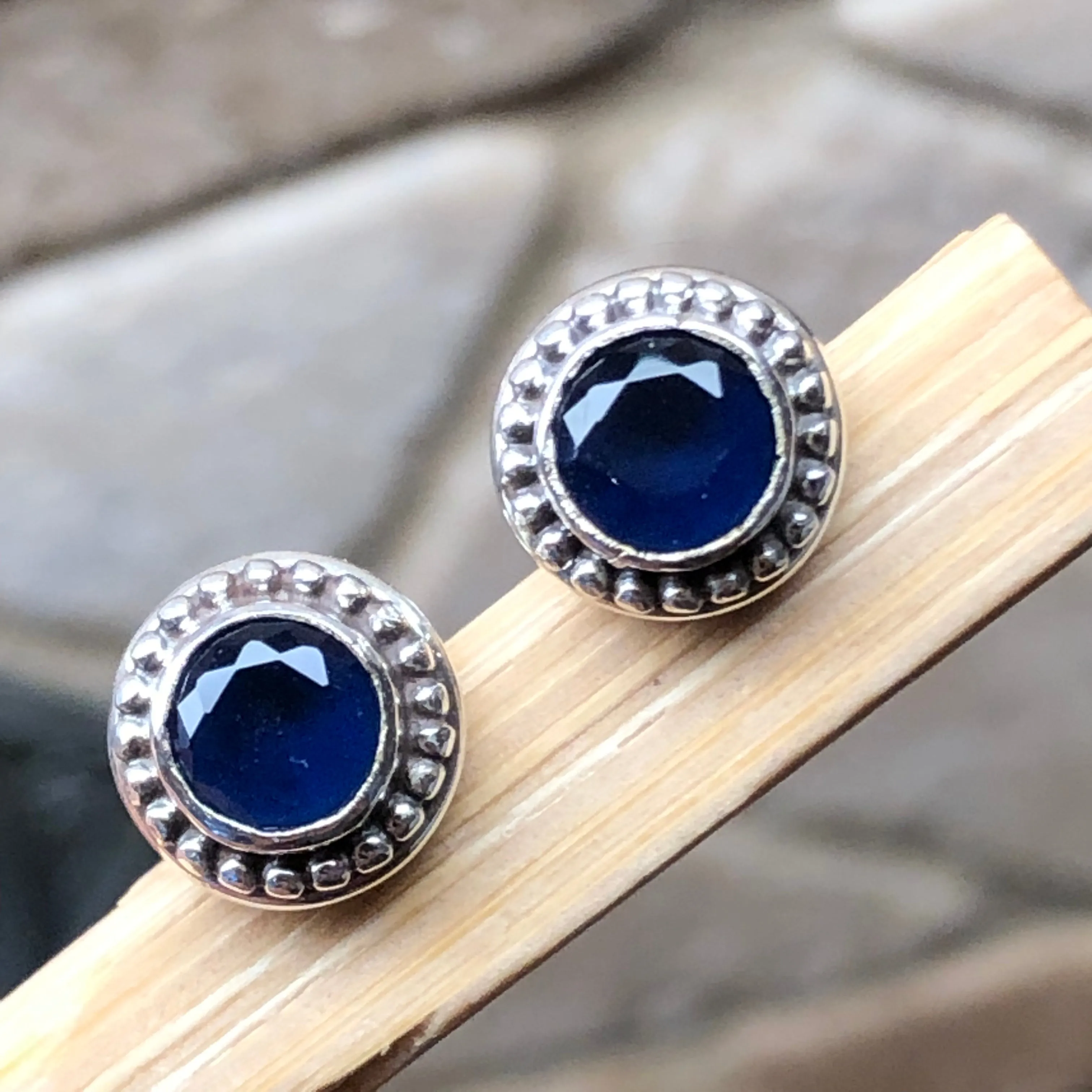 Natural 2ct Iolite 925 Solid Sterling Silver Earrings 7mm