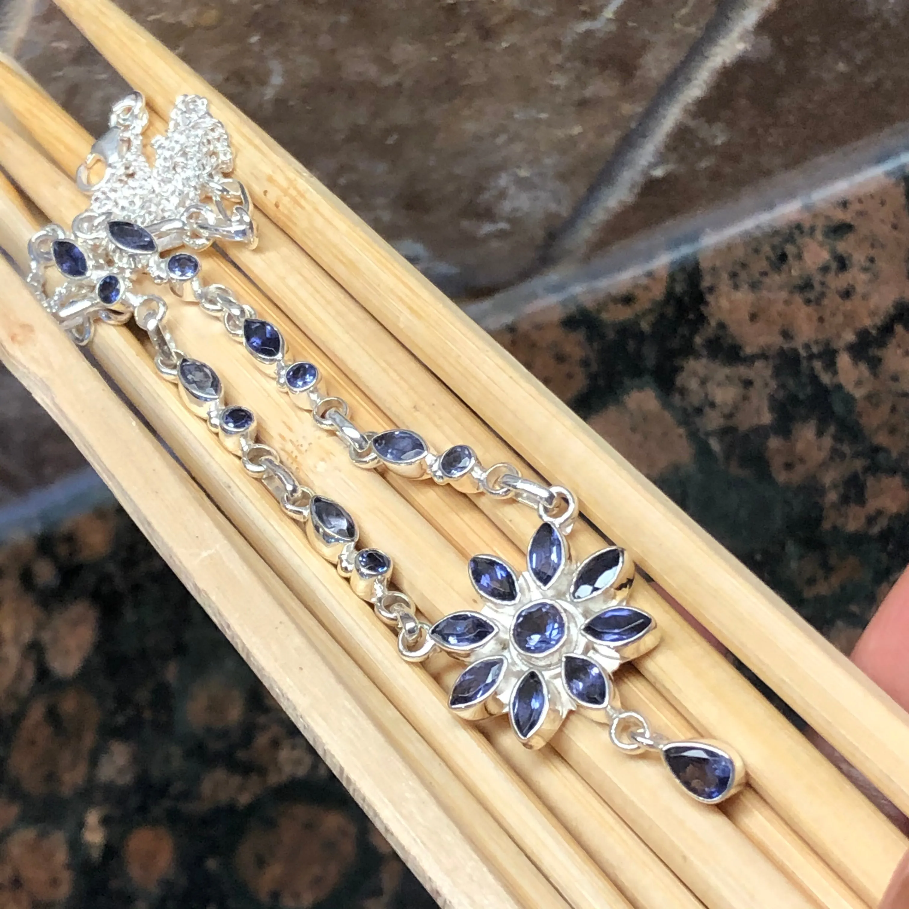 Natural 4ct Iolite 925 Solid Sterling Silver Necklace 17"