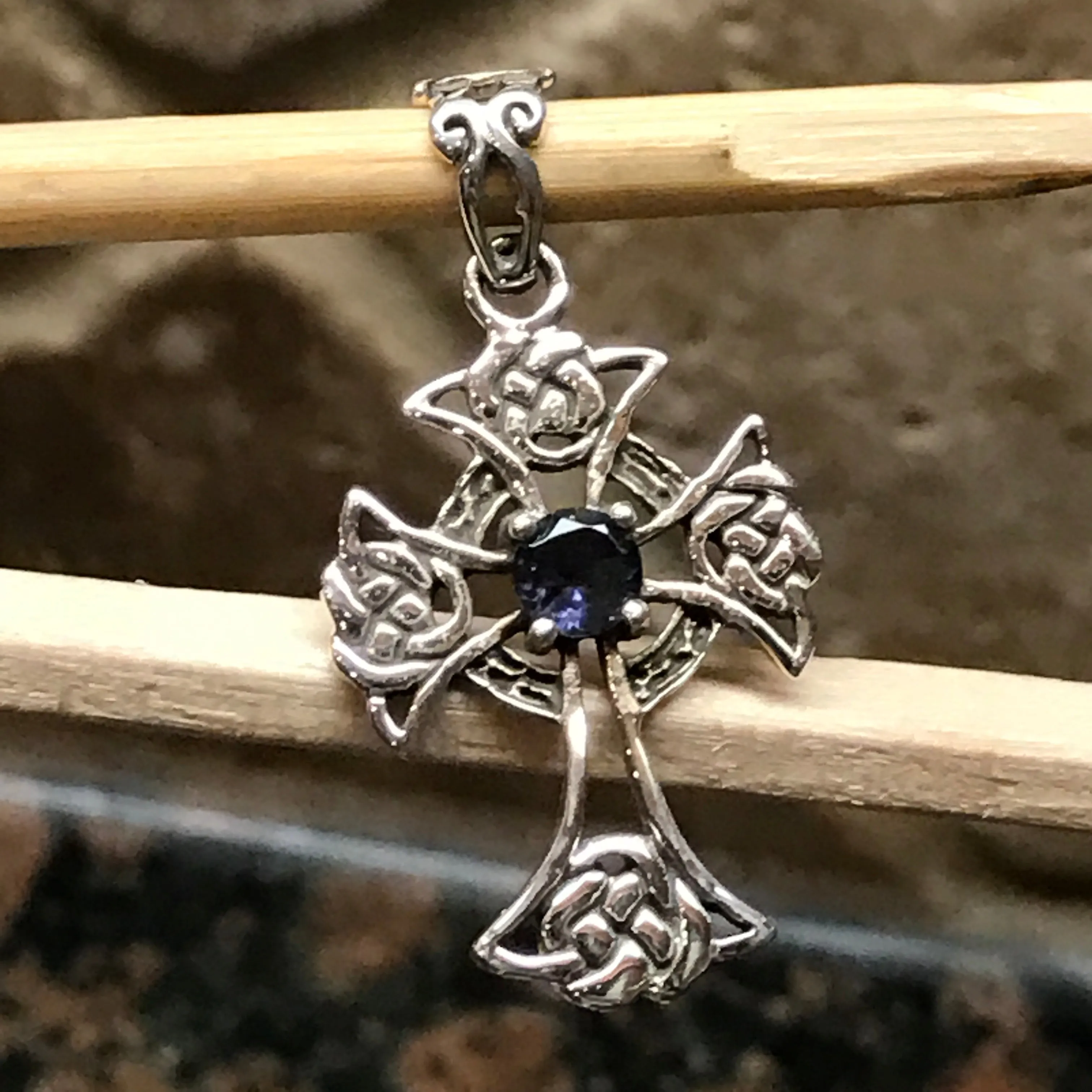 Natural Iolite 925 Solid Sterling Silver Cross Pendant 36mm