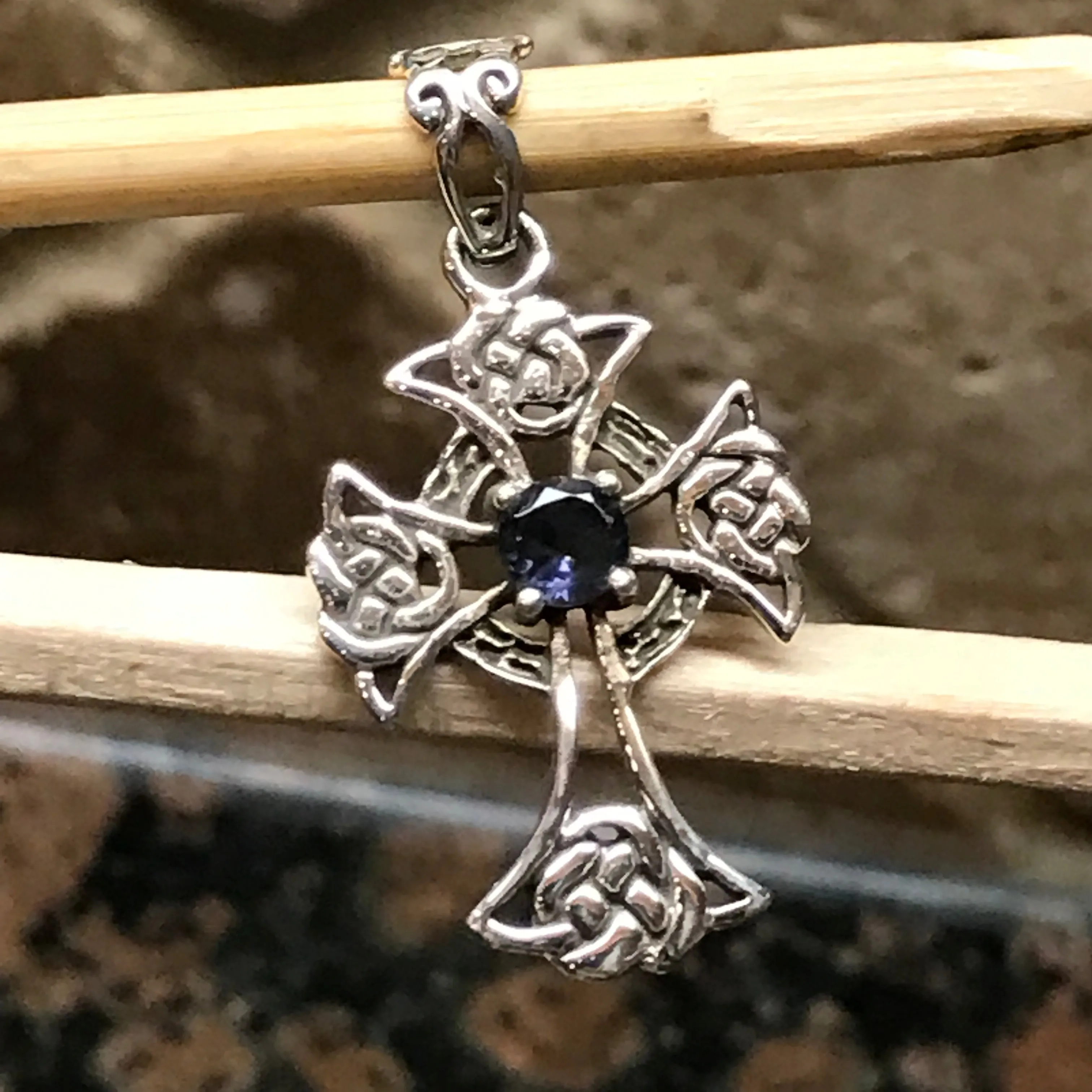 Natural Iolite 925 Solid Sterling Silver Cross Pendant 36mm