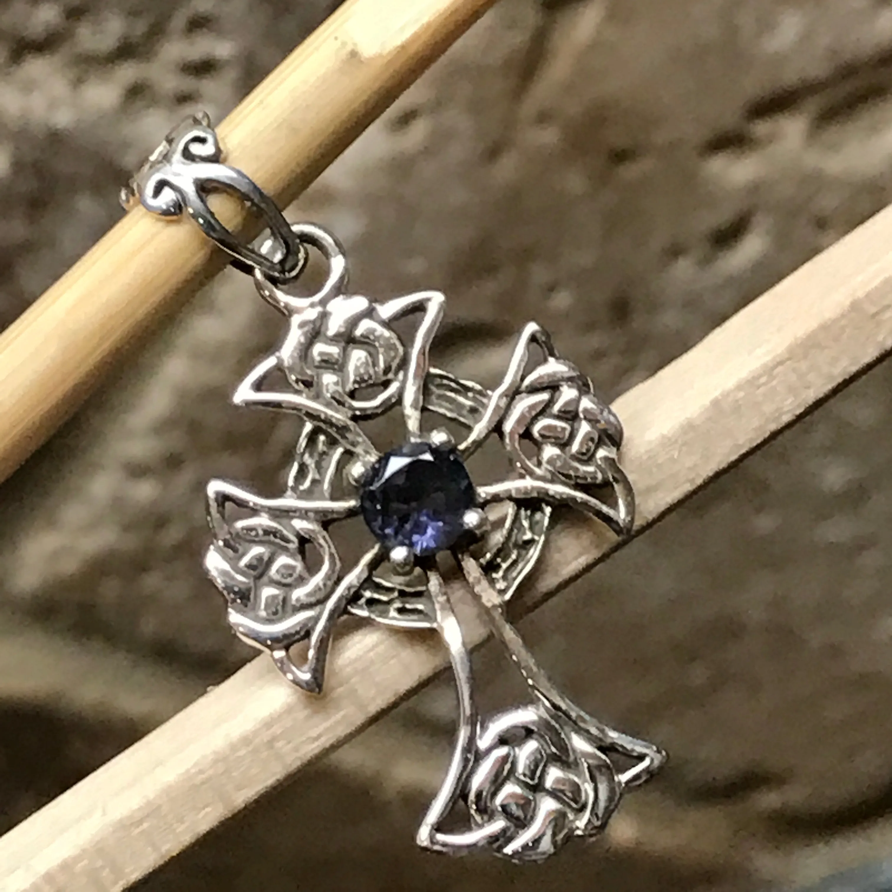 Natural Iolite 925 Solid Sterling Silver Cross Pendant 36mm