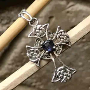 Natural Iolite 925 Solid Sterling Silver Cross Pendant 36mm