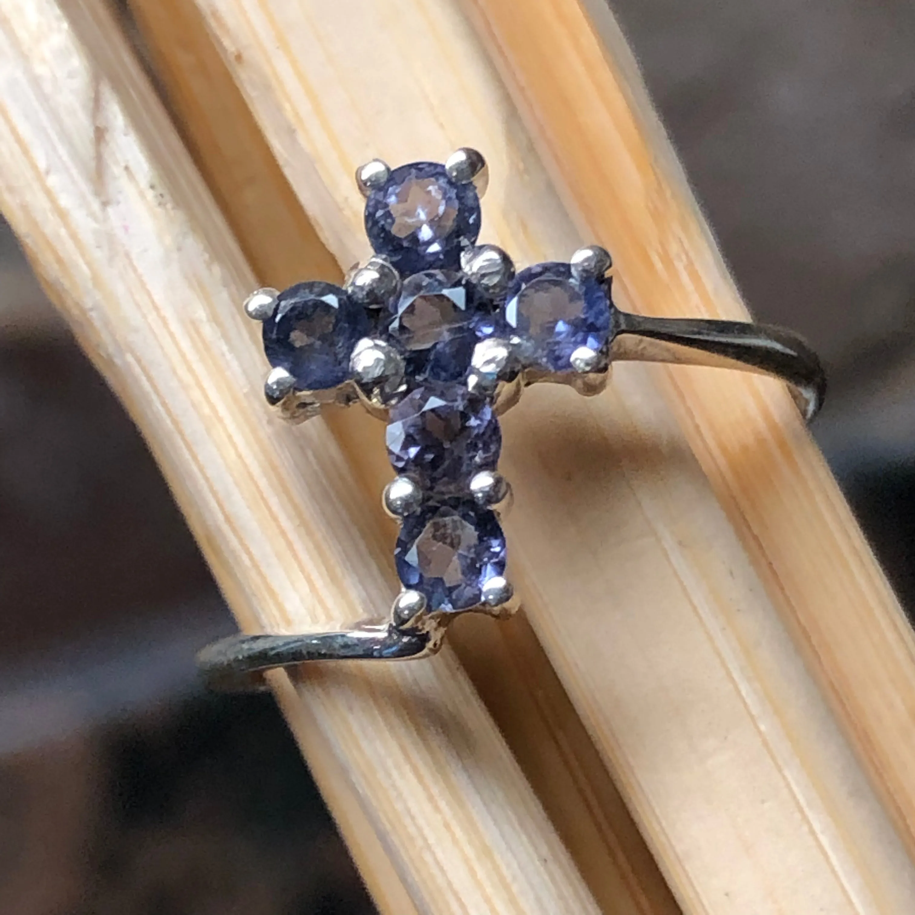 Natural Iolite 925 Solid Sterling Silver Cross Ring Size 6, 7, 8, 9