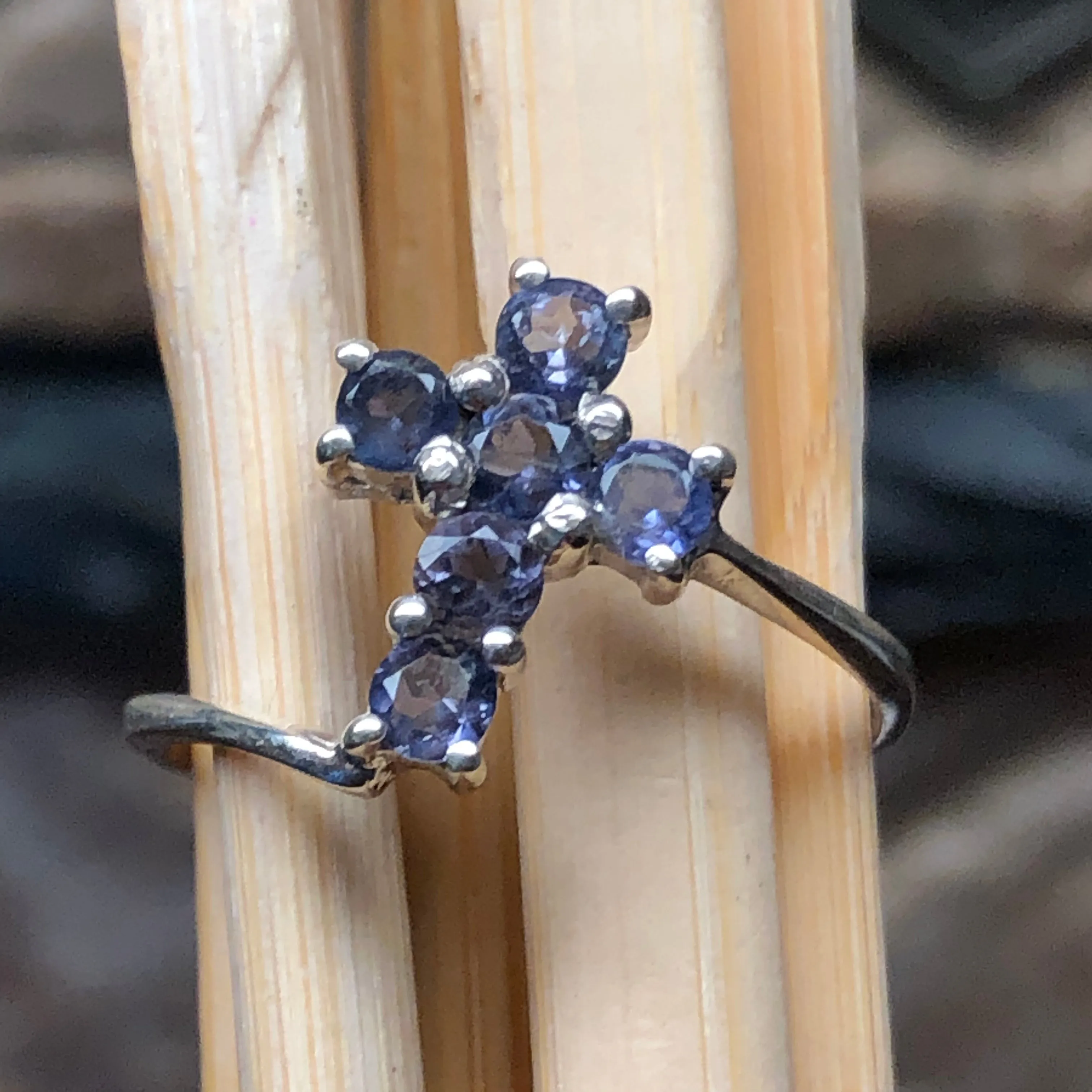 Natural Iolite 925 Solid Sterling Silver Cross Ring Size 6, 7, 8, 9