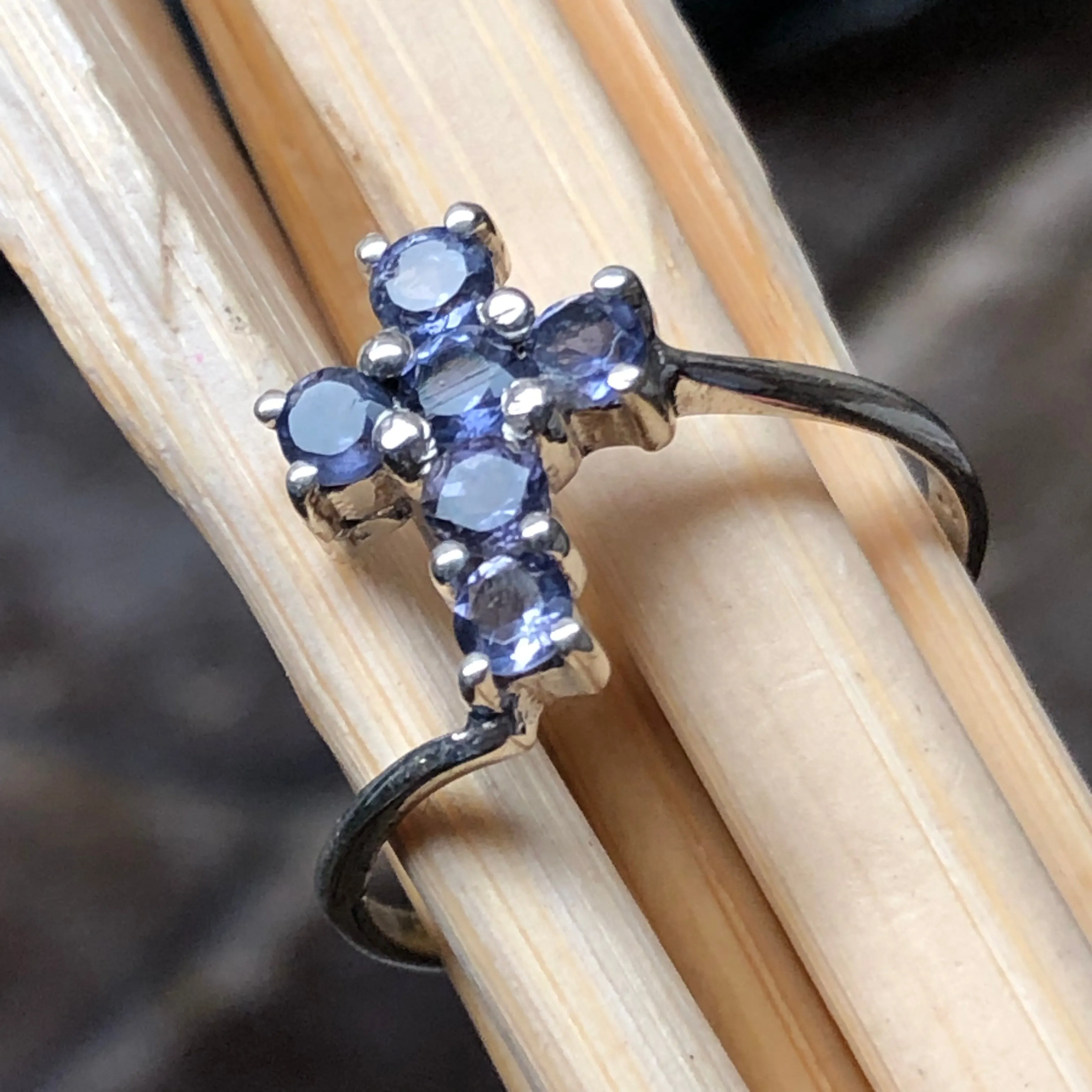 Natural Iolite 925 Solid Sterling Silver Cross Ring Size 6, 7, 8, 9