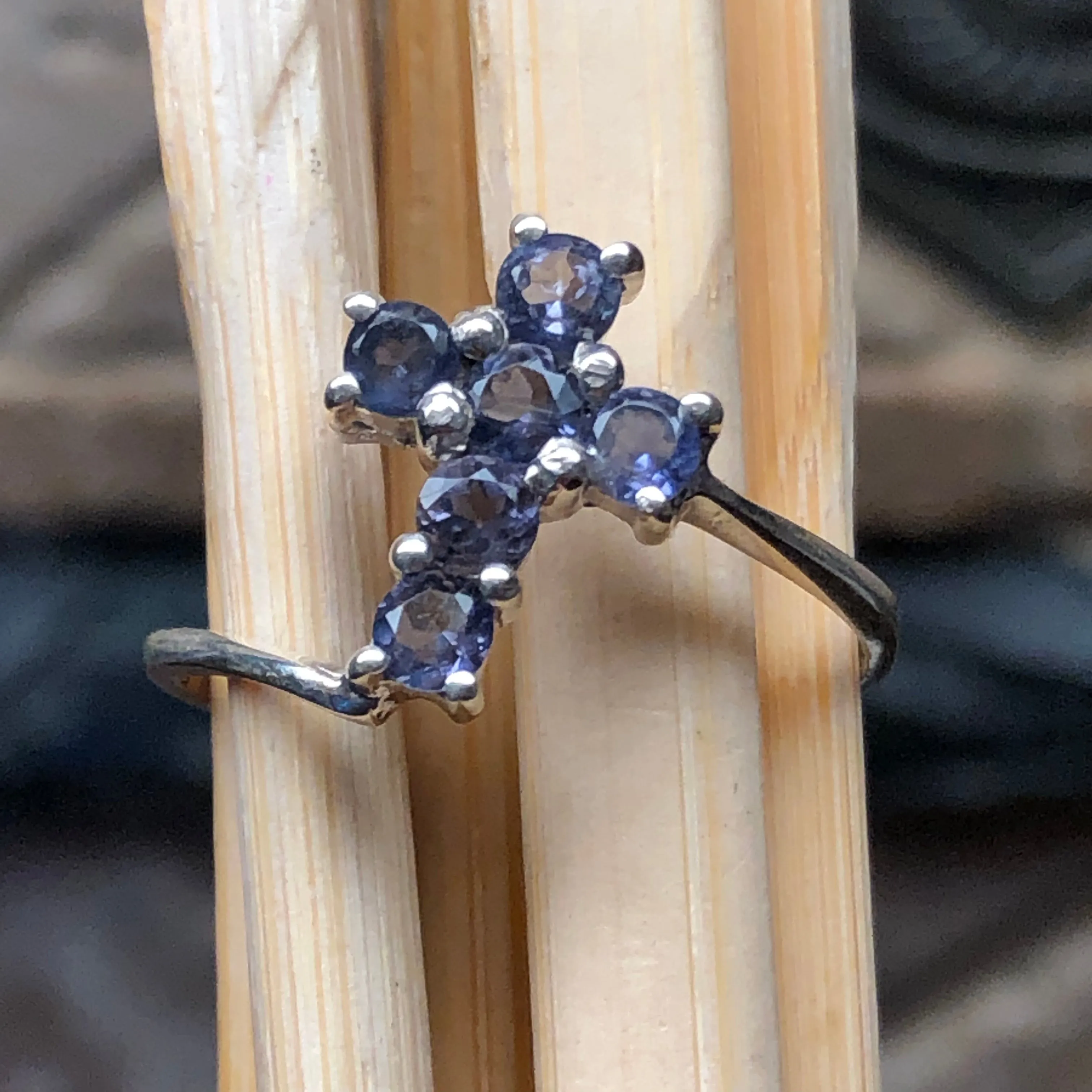 Natural Iolite 925 Solid Sterling Silver Cross Ring Size 6, 7, 8, 9