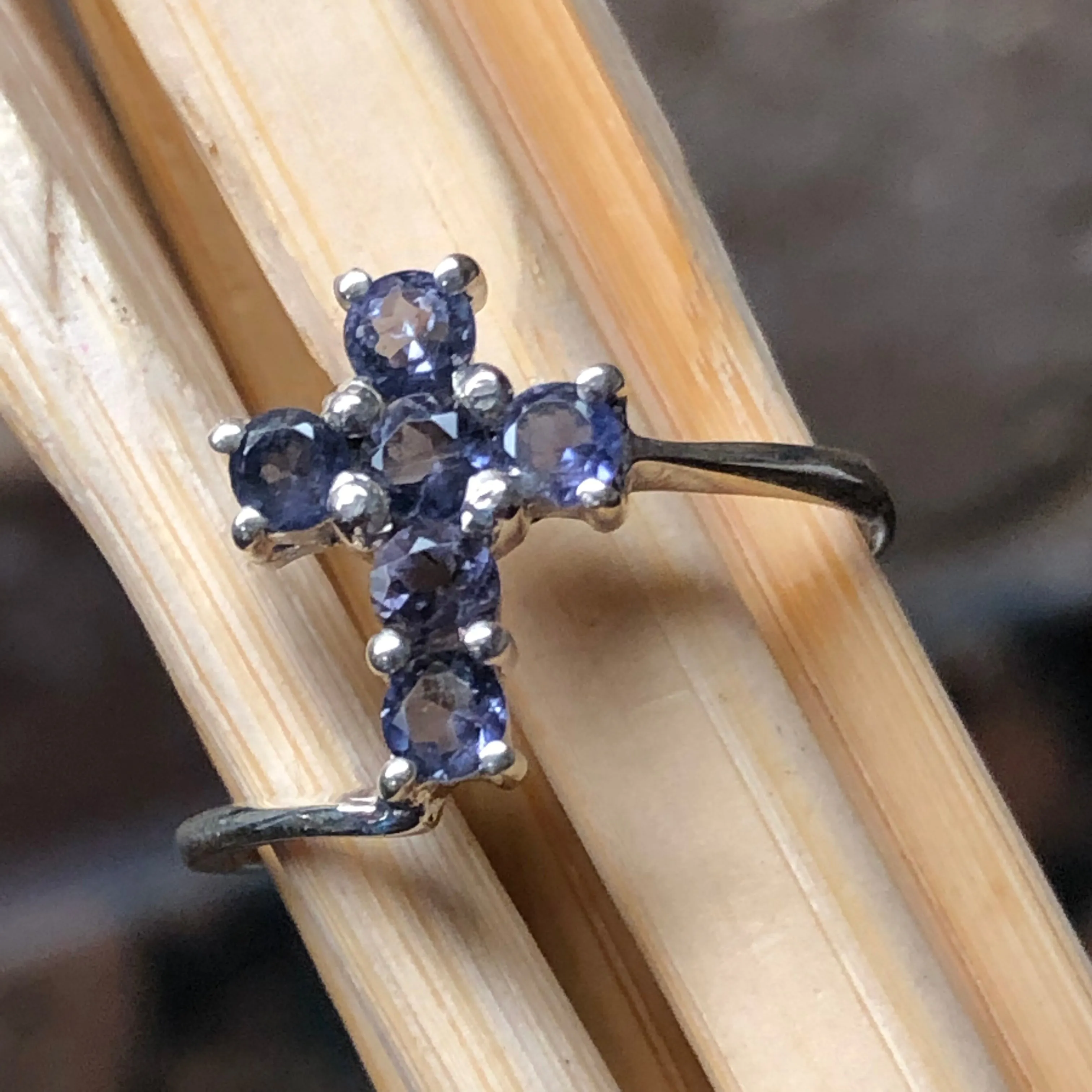 Natural Iolite 925 Solid Sterling Silver Cross Ring Size 6, 7, 8, 9