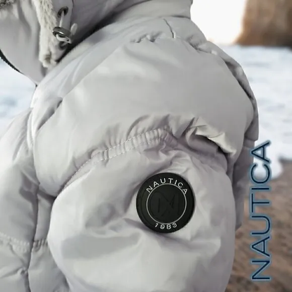 Nautica | Women's Hooded  Puffer Jacket Detachable Fx Fur Hood | Silver | NWOT