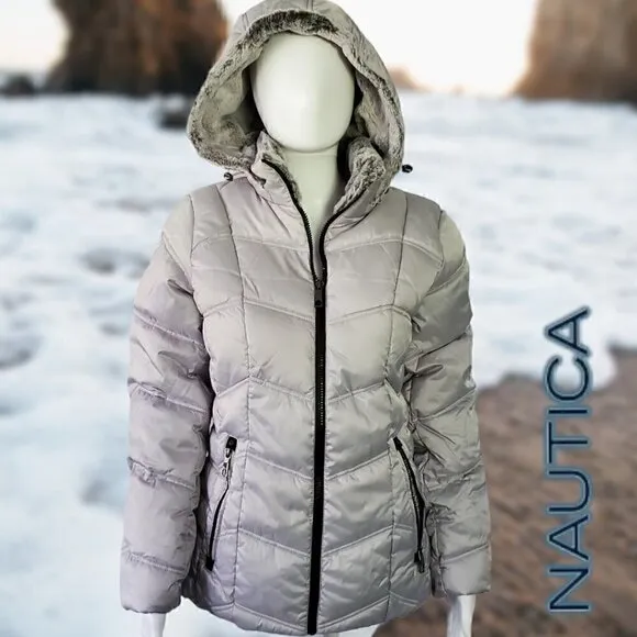 Nautica | Women's Hooded  Puffer Jacket Detachable Fx Fur Hood | Silver | NWOT