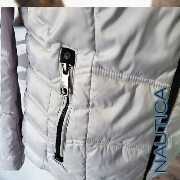 Nautica | Women's Hooded  Puffer Jacket Detachable Fx Fur Hood | Silver | NWOT