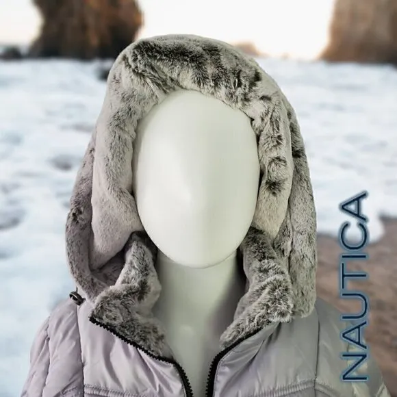 Nautica | Women's Hooded  Puffer Jacket Detachable Fx Fur Hood | Silver | NWOT