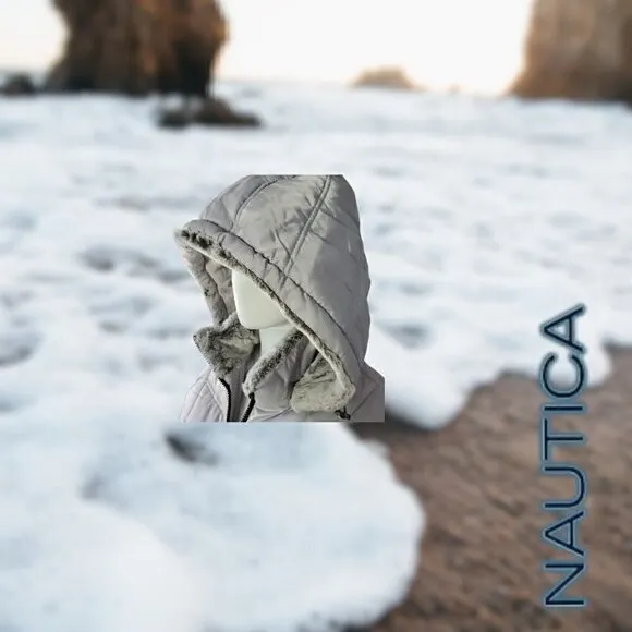 Nautica | Women's Hooded  Puffer Jacket Detachable Fx Fur Hood | Silver | NWOT
