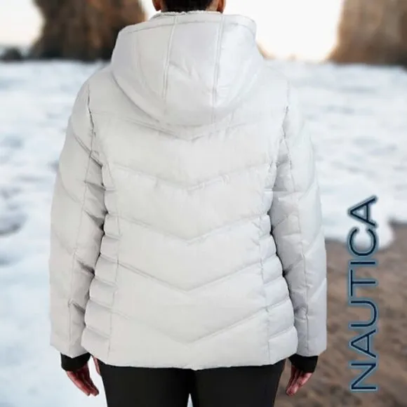 Nautica | Women's Hooded  Puffer Jacket Detachable Fx Fur Hood | Silver | NWOT
