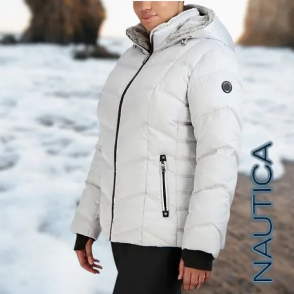 Nautica | Women's Hooded  Puffer Jacket Detachable Fx Fur Hood | Silver | NWOT
