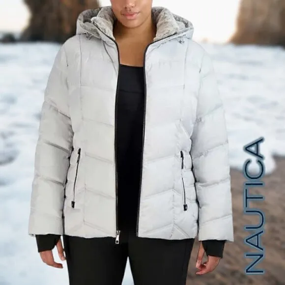 Nautica | Women's Hooded  Puffer Jacket Detachable Fx Fur Hood | Silver | NWOT