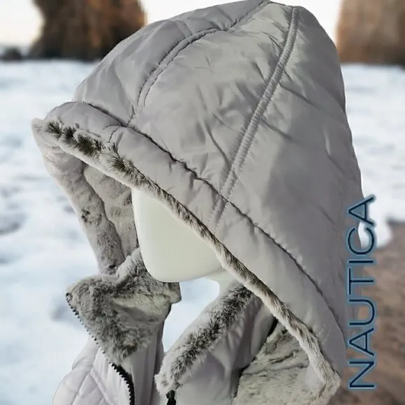 Nautica | Women's Hooded  Puffer Jacket Detachable Fx Fur Hood | Silver | NWOT