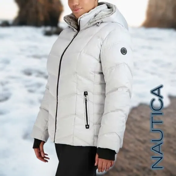 Nautica | Women's Hooded  Puffer Jacket Detachable Fx Fur Hood | Silver | NWOT