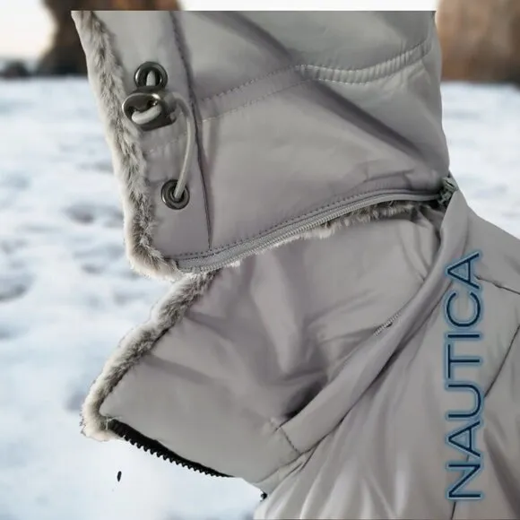 Nautica | Women's Hooded  Puffer Jacket Detachable Fx Fur Hood | Silver | NWOT