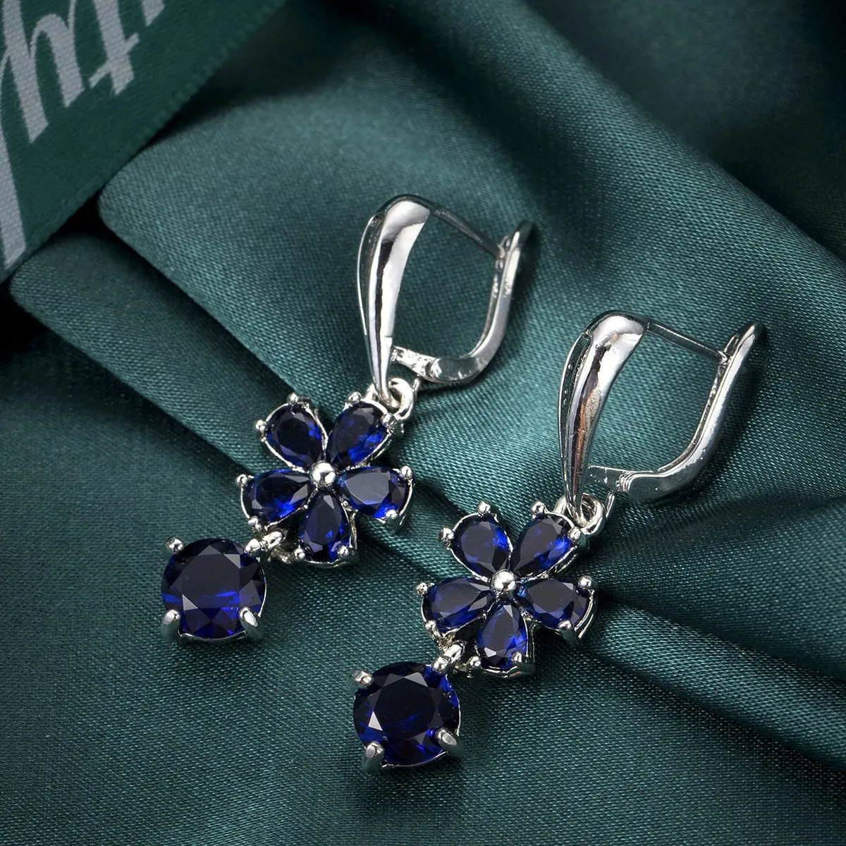 Navy Crystal Floral Drop Earrings