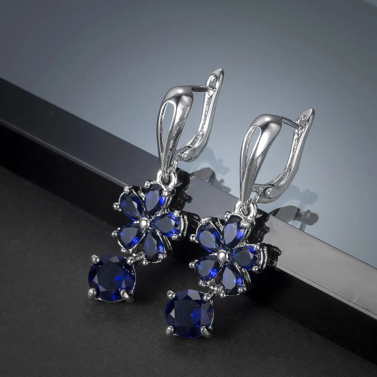 Navy Crystal Floral Drop Earrings