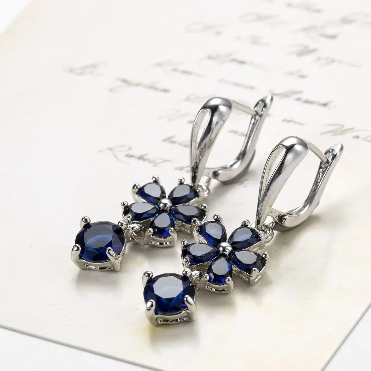 Navy Crystal Floral Drop Earrings
