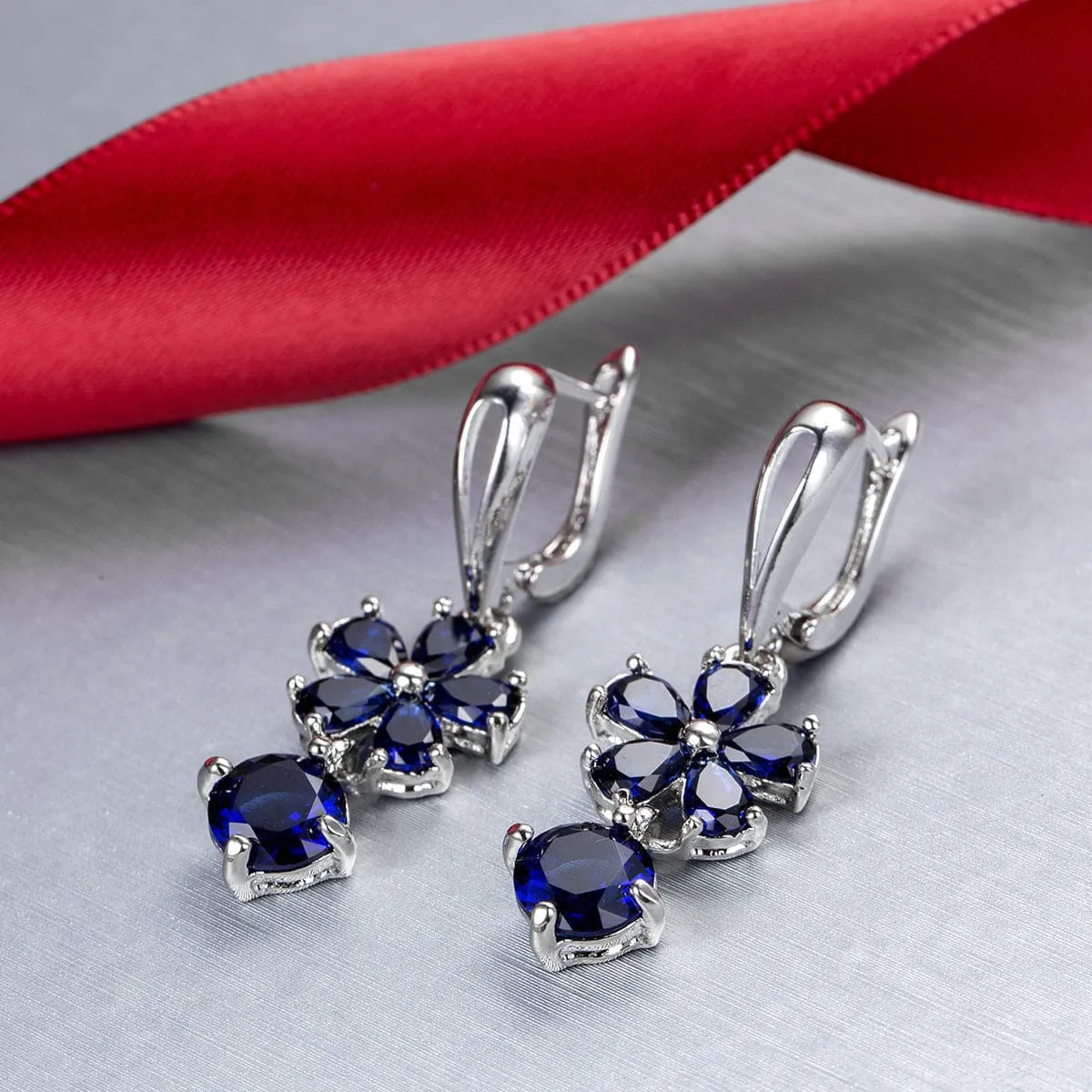 Navy Crystal Floral Drop Earrings