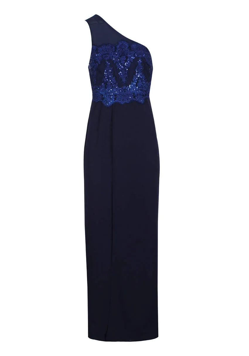 Navy Sequin Maxi Dress With Thigh High Split