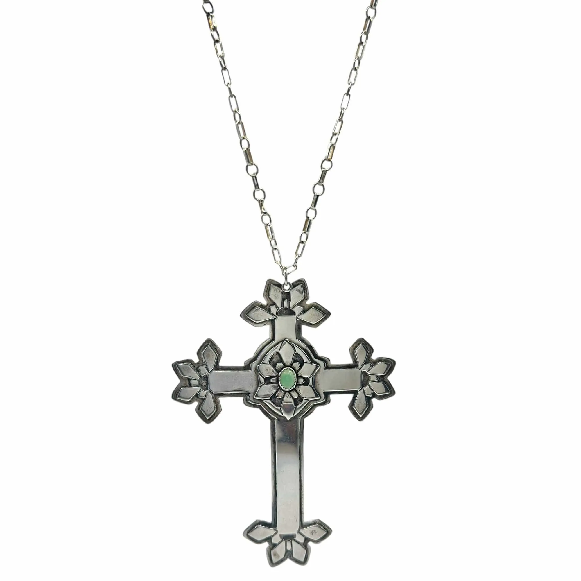 NECKLACE Sterling Silver with Vintage Cross & Turquoise Center Stone Pendant