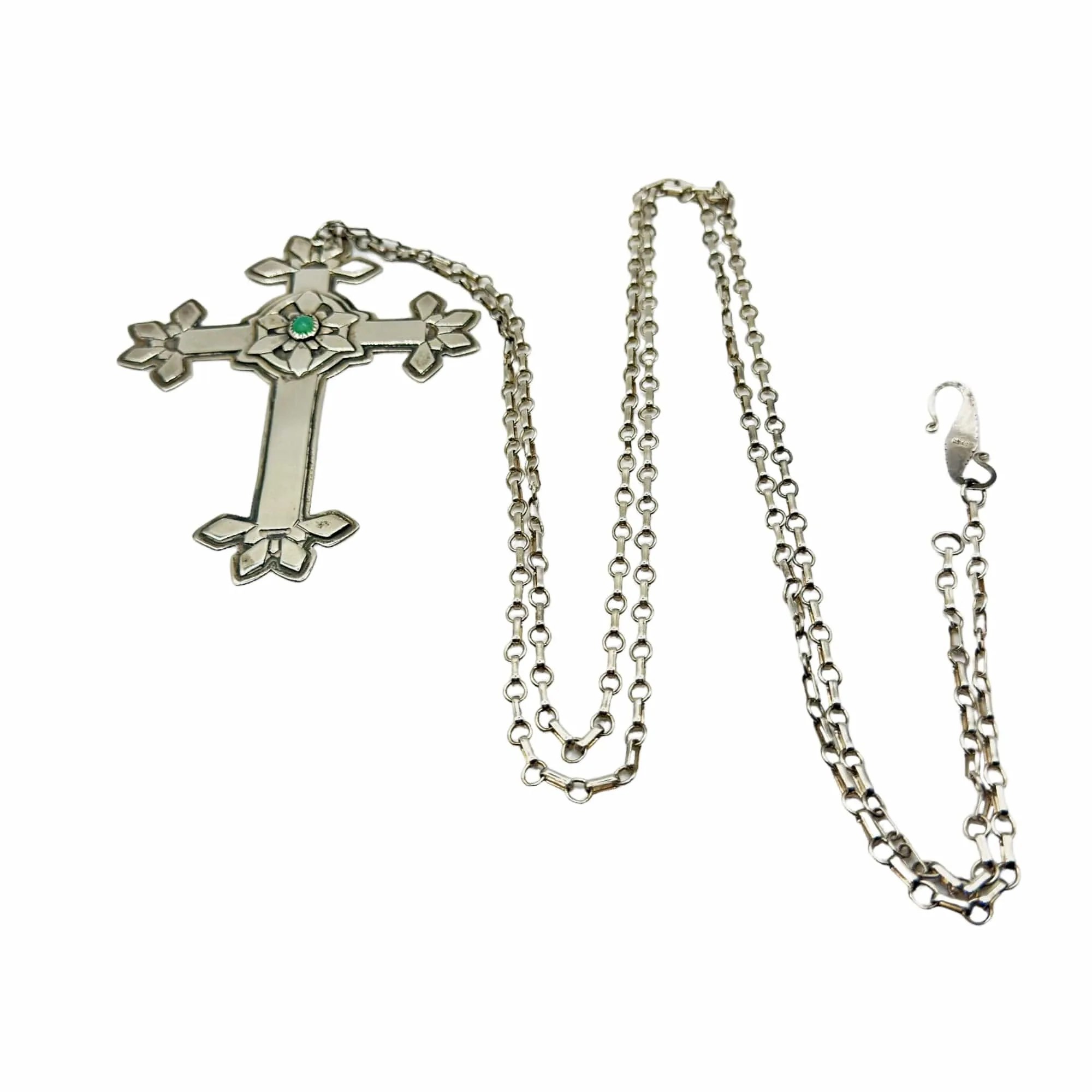 NECKLACE Sterling Silver with Vintage Cross & Turquoise Center Stone Pendant