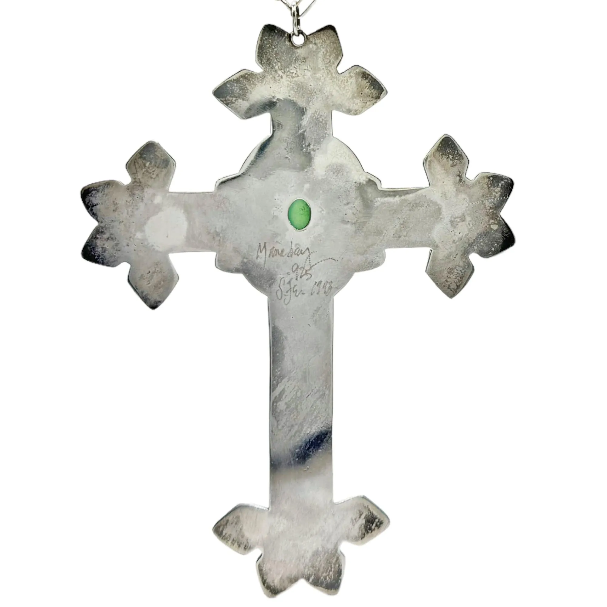 NECKLACE Sterling Silver with Vintage Cross & Turquoise Center Stone Pendant