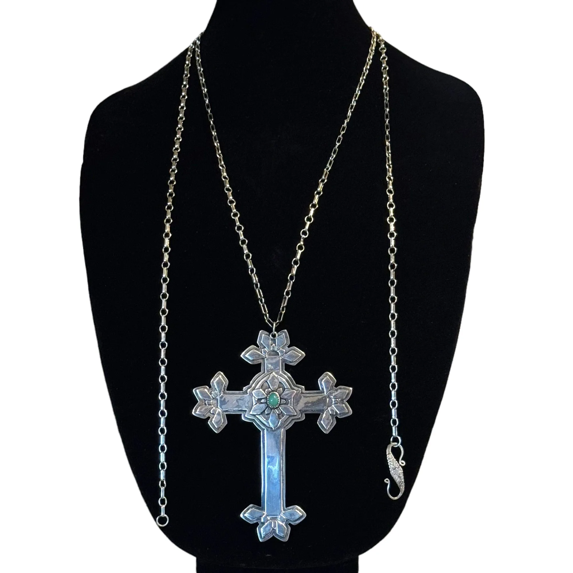 NECKLACE Sterling Silver with Vintage Cross & Turquoise Center Stone Pendant