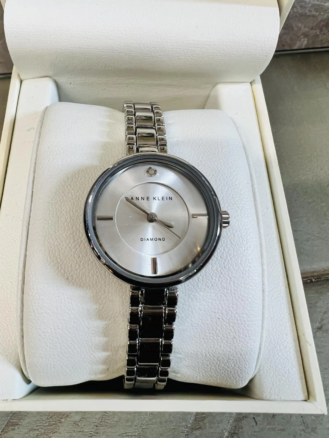 New Anne Klein Diamond Silver Stainless Steel Women's watch, needs battery! Box damaged, includes booklet