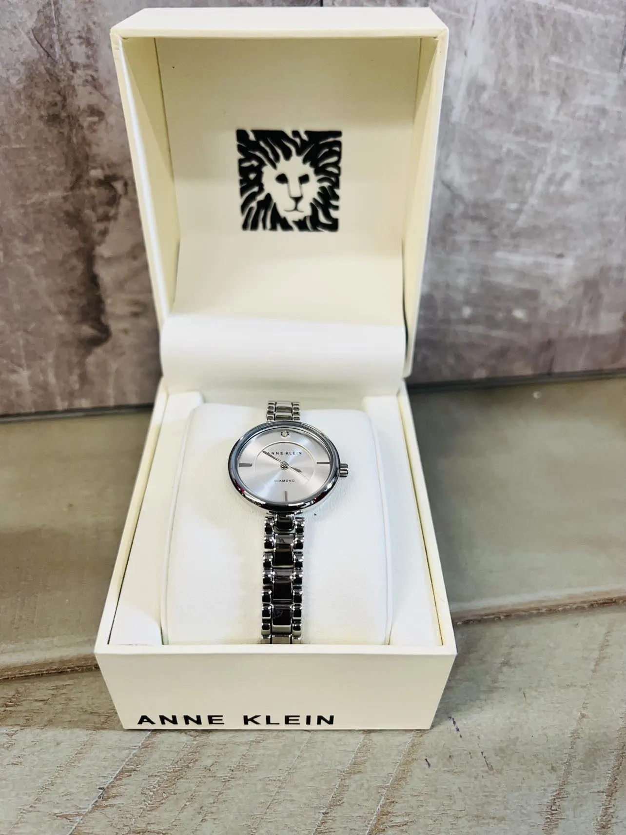 New Anne Klein Diamond Silver Stainless Steel Women's watch, needs battery! Box damaged, includes booklet