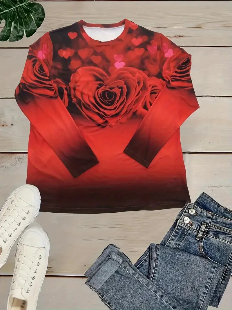 New Casual Top, Women's Rose & Heart & Ombre Print Long Sleeve Round Neck Slight Stretch Top Sz L