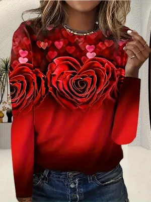 New Casual Top, Women's Rose & Heart & Ombre Print Long Sleeve Round Neck Slight Stretch Top Sz L