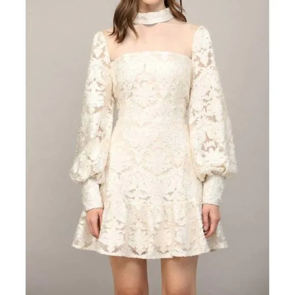 NEW FATE sheer mesh detail velvet dress in cream