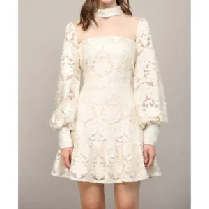 NEW FATE sheer mesh detail velvet dress in cream