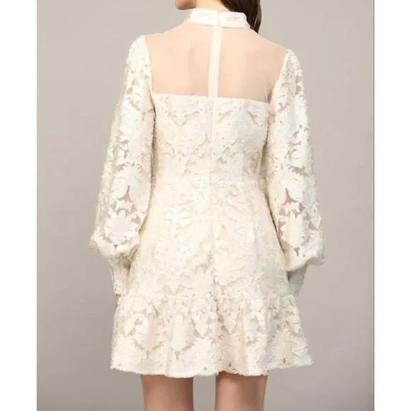NEW FATE sheer mesh detail velvet dress in cream