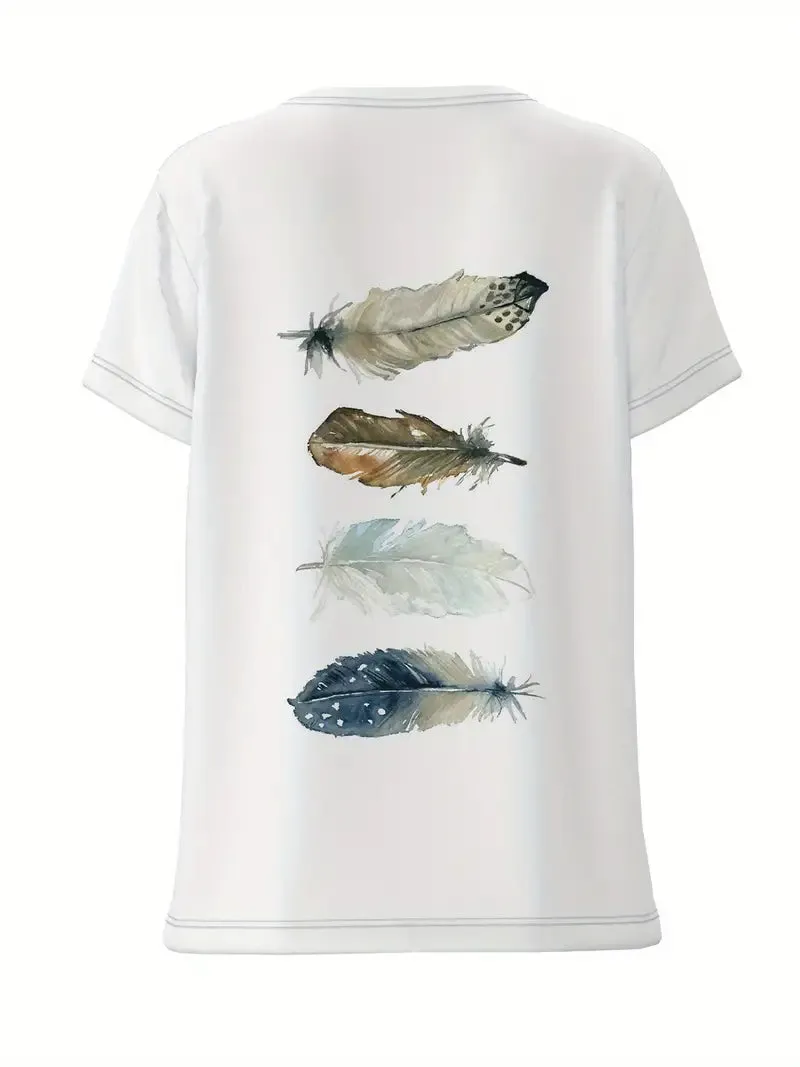 NEW Feather Print V Neck T-shirt, Casual Short Sleeve Top For Spring & Summer, Women's Clothing - Size XXL