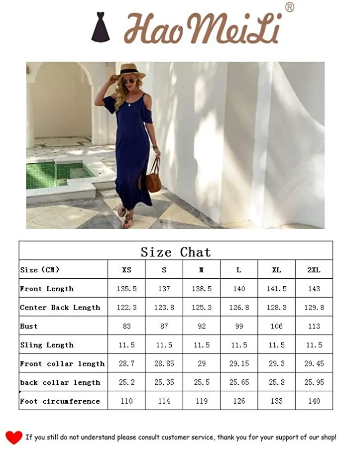 New HAOMEILI Women's Summer Casual Loose Long Dress Strapless Strap Cold Shoulder Short Sleeve Split Maxi Dresses with Pocket, Sz 2XL, fits true!