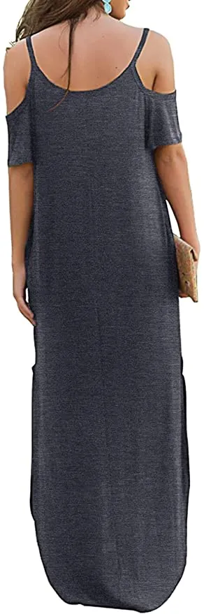 New HAOMEILI Women's Summer Casual Loose Long Dress Strapless Strap Cold Shoulder Short Sleeve Split Maxi Dresses with Pocket, Sz 2XL, fits true!