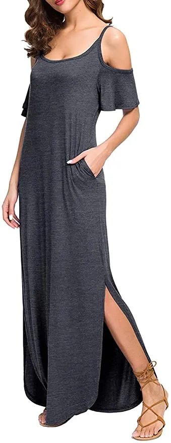 New HAOMEILI Women's Summer Casual Loose Long Dress Strapless Strap Cold Shoulder Short Sleeve Split Maxi Dresses with Pocket, Sz 2XL, fits true!