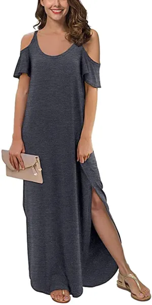 New HAOMEILI Women's Summer Casual Loose Long Dress Strapless Strap Cold Shoulder Short Sleeve Split Maxi Dresses with Pocket, Sz 2XL, fits true!