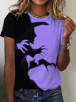 NEW Retails $53, Women's Halloween Witch Shadow Print Casual Tee, Black/Purple, Sz XL