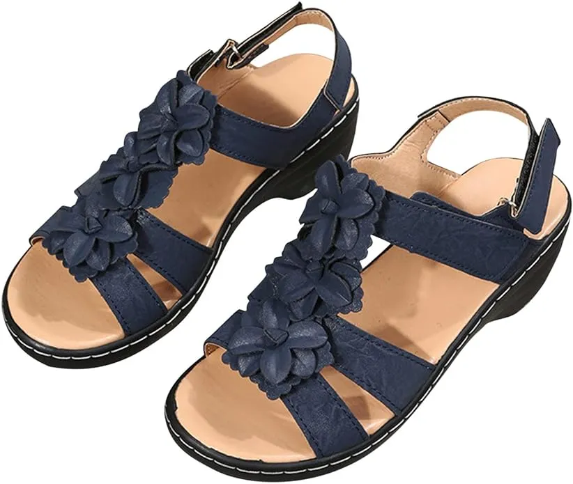 New Women's Black Floral Casual Slingback Wedge Sandals, Comfortable Walking Sandals, Sz 7