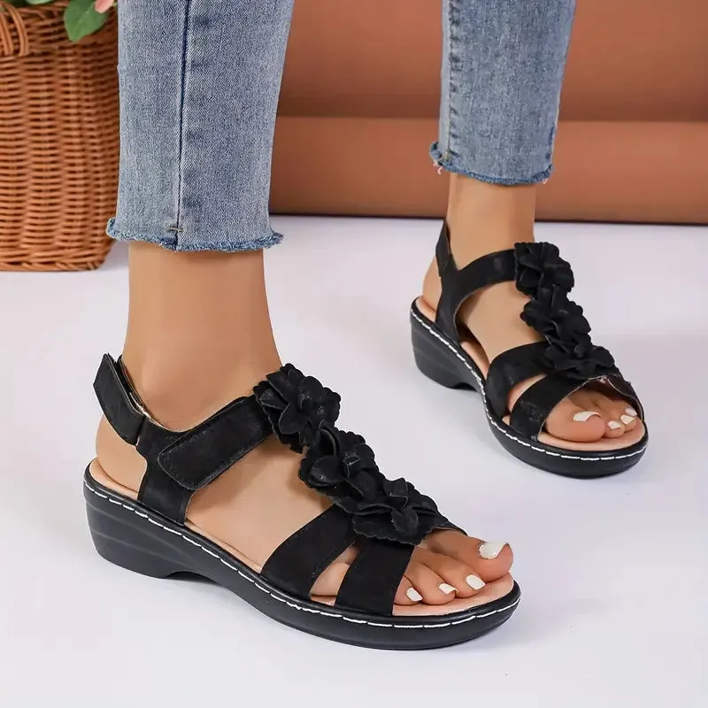 New Women's Black Floral Casual Slingback Wedge Sandals, Comfortable Walking Sandals, Sz 7