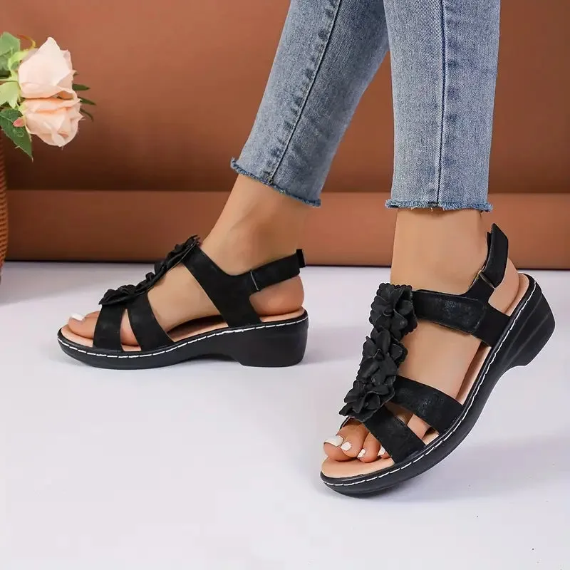 New Women's Black Floral Casual Slingback Wedge Sandals, Comfortable Walking Sandals, Sz 7