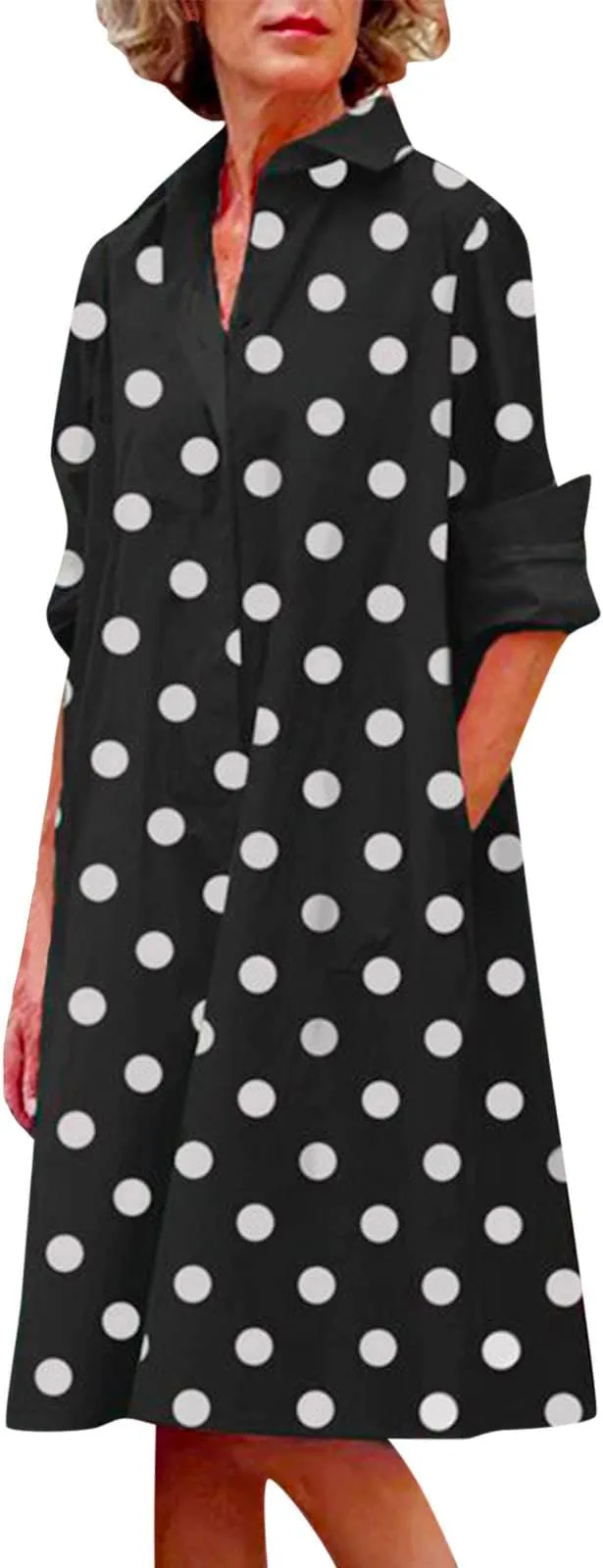 New Women's Shirt Dress Casual Dress Shift Dress Collar Button Pocket 3/4 Length Sleeve Loose Fit Polka Dot Sz XL Black