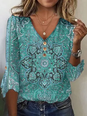 New Women's Three Quarter Sleeve Tee T-shirt Spring/Fall Ethnic Jersey V Neck Daily Going Out Casual Top in Green Sz XL