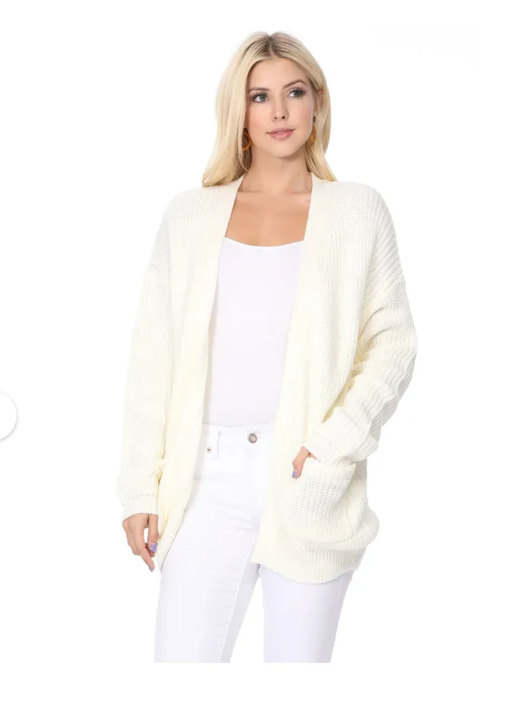 New YEMAK Women's Long Sleeve Chunky Waffle Knit Open Front Sweater Cardigan Ivory Sz M/L